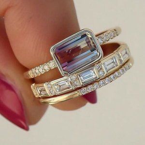 NEW 18k Gold Over 925 Silver White Sapphire 3 Piece Ring Set